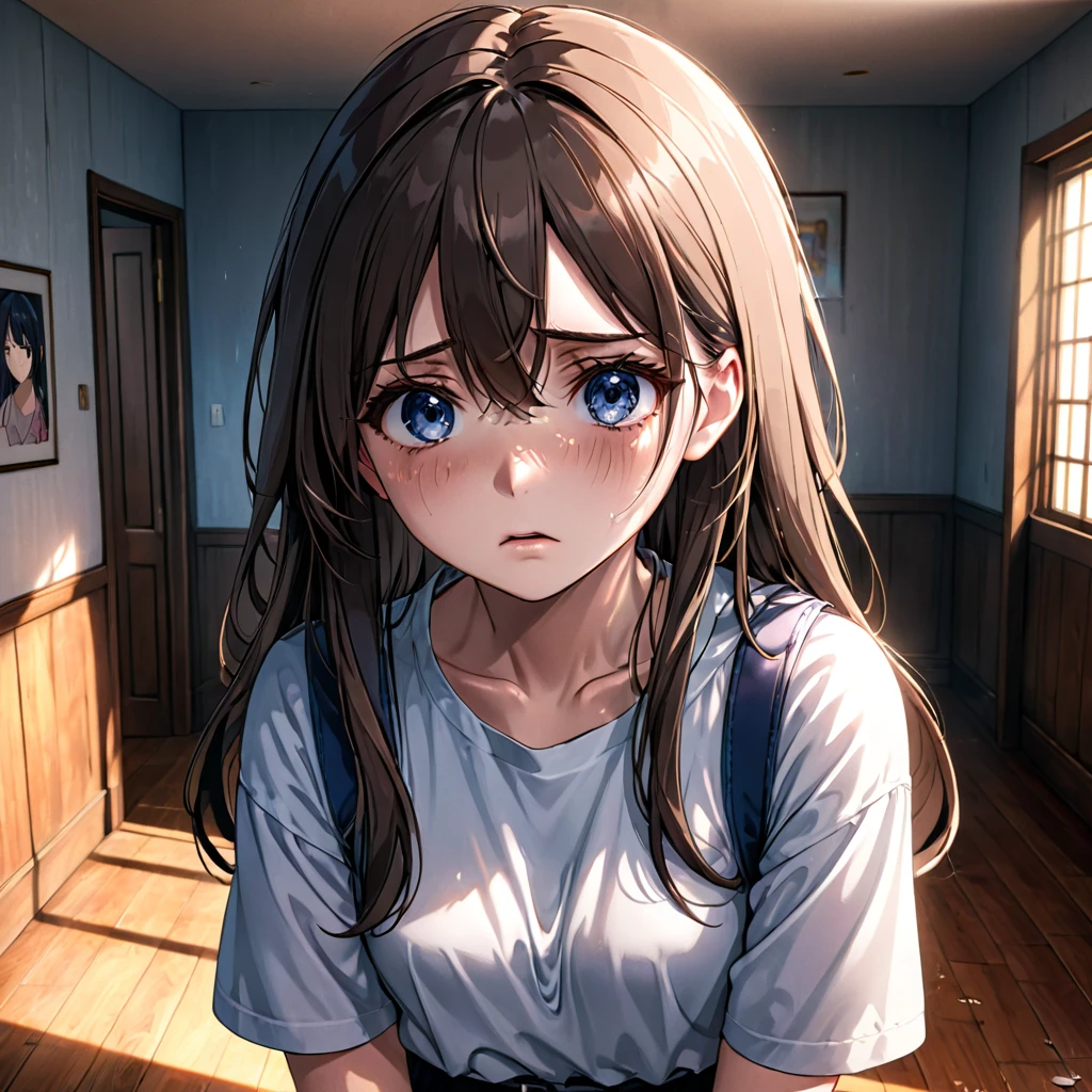 a very beautiful girl, sad, tears in her eyes, extremely detailed eyes and face, in a room, detailed shadows, crying, ultra-realistic anime style, HDR, 12k
