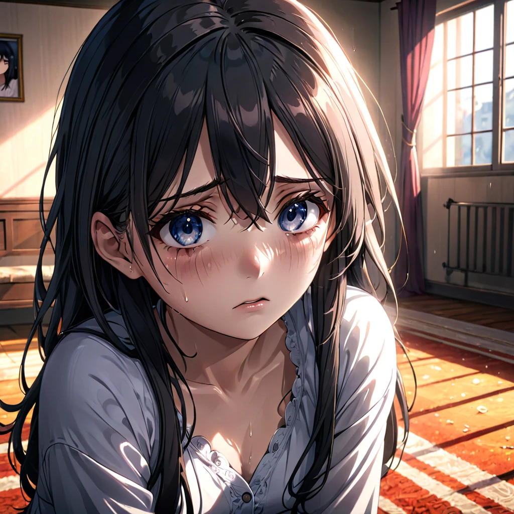 a very beautiful girl, sad, tears in her eyes, extremely detailed eyes and face, in a room, detailed shadows, crying, ultra-realistic anime style, HDR, 12k