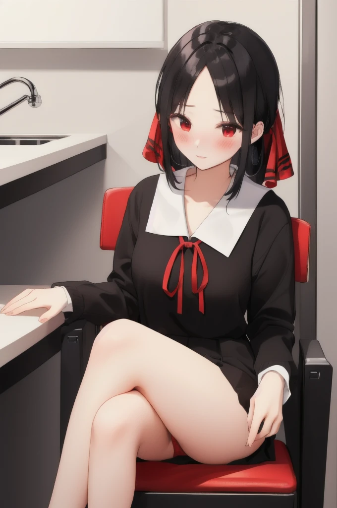 Black Hair、Red ribbon、Take off your panties、Blushing、Embarrassed、On a chair、living、