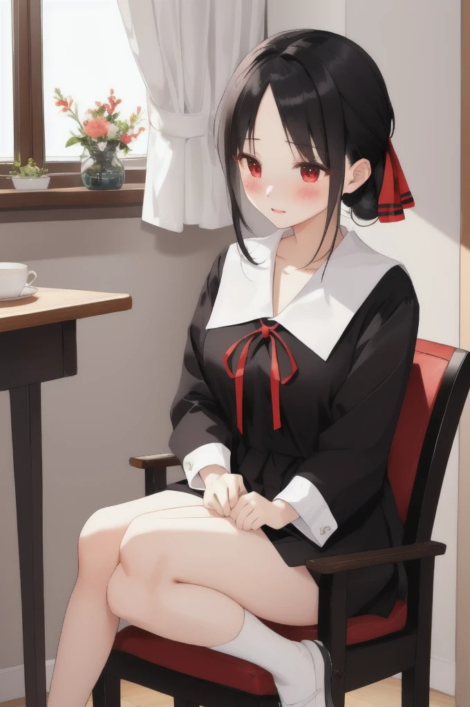 Black Hair、Red ribbon、Take off your panties、Blushing、Embarrassed、On a chair、living、