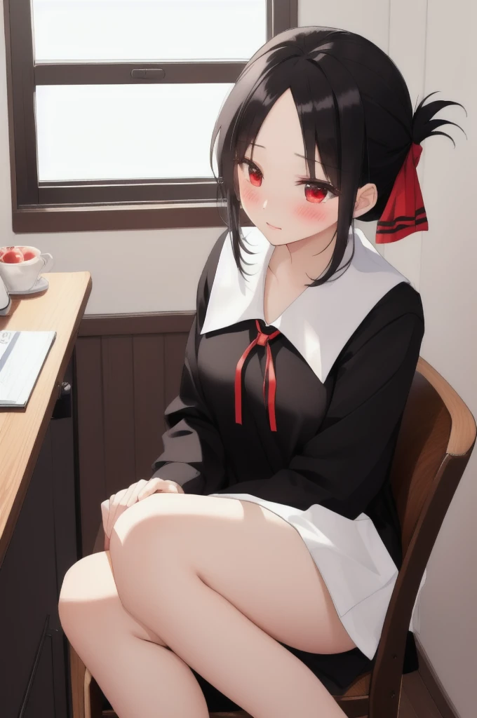 Black Hair、Red ribbon、Take off your panties、Blushing、Embarrassed、On a chair、living、