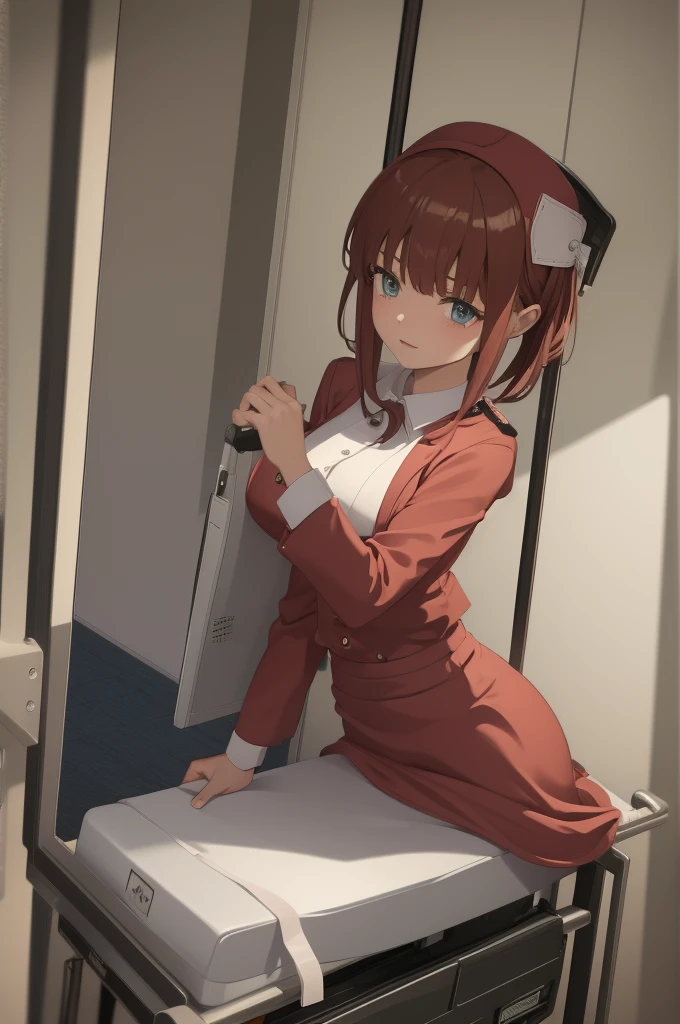 Makima wearing a nurse outfit on a hospital stretcher lifting her skirt
