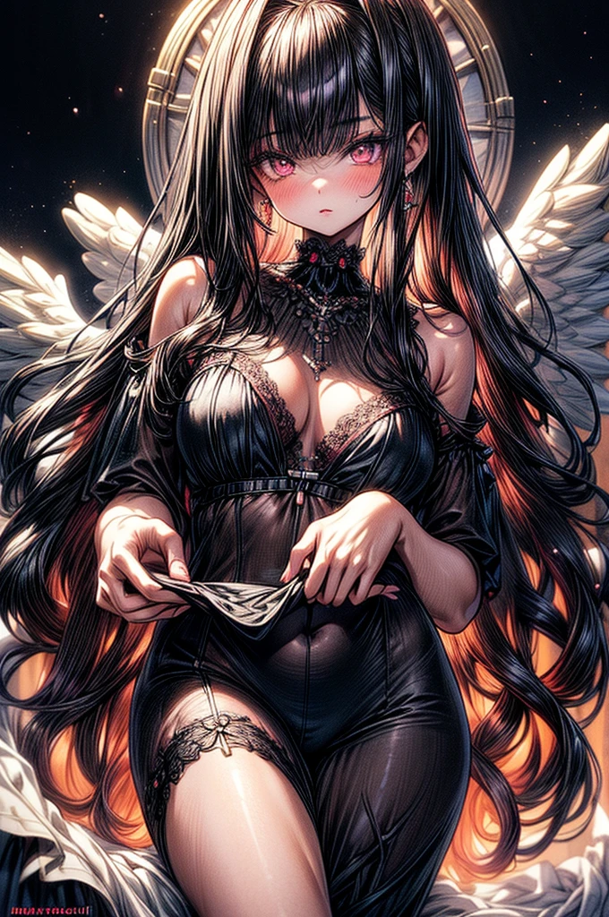 ((highest quality)),(ultra high resolution),(Super detailed),(detailed description),((best CG)),(best work of art),super precision art, great drawing art,(Art with precise details:1.5), (1 woman:1.5), beautiful and well-shaped face:1.5,(Beautiful skin with precise and detailed depiction:1.6),(Very precisely depicted black sheer Pyjama nightdress:1.5),provocative angle:1.6,gorgeous, beautiful young age girl, 13 yghtly tanned white skin, loose and flowing silky thigh-length negligee sleepwear, short shoulder length hair, sleek dark violet-black hair, Pixie cut hair, big round velvet colored eyes, fringe bangs over forehead, oval shaped face, sharp facial features, high-bridged nose, full cherry pink lips. medium height(172cm). D-cup breasts, small narrow waist. small delicate curvy hips, smooth silky thick thighs, large round ass, hourglass figure, slim yet plump thick build, standing upright, full body picture, hip-level shot. classy and opulent bedroom setting