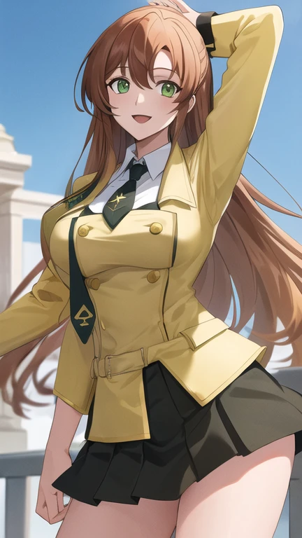 masterpiece, best quality, highres, hmshir, long hair, green eyes, , yellow jacket, black skirt, necktie, pleated skirt, cowboy shot, outdoors, smile,