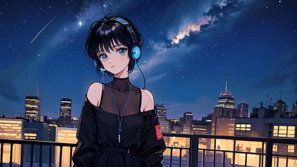 Black short Hair, Black Clothing, One Adult Woman Looking Sideways ,Blue headphones、 City of night, Delicate background、Masterpiece、Night Town、night、dark、Nostalgic、Starry Sky