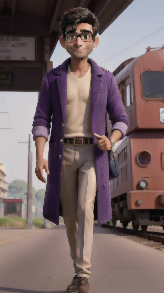 masterpiece, best quality, an Indian man Rahul 28 years old with glasses , wearing a purple coat , walking at the railway station