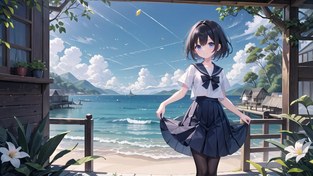 (masterpiece), town, blue sky, summer, A girl in the distance, smile, alone, Sailor suit、Long skirt, Overgrown, petal, plant、Skirt lining、Translucent slip、nostalgic、Black Pantyhose、I can see the ocean in the distance