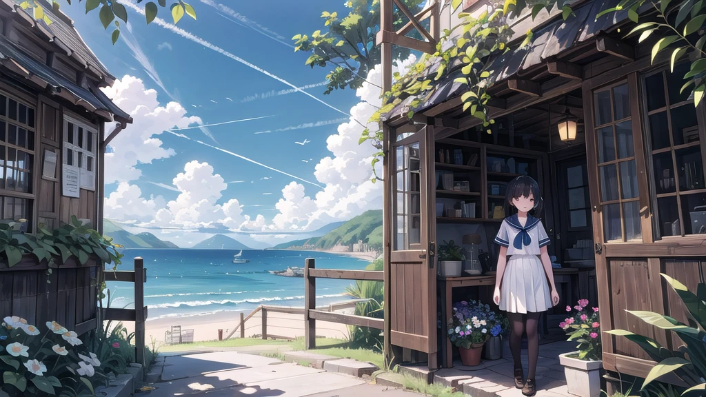 (masterpiece),  town,  blue sky, summer, A girl in the distance,  smile,  alone,  Sailor suit、Long skirt,  Overgrown,  petal,  plant、Skirt lining、Translucent slip、nostalgic、Black Pantyhose、I can see the ocean in the distance