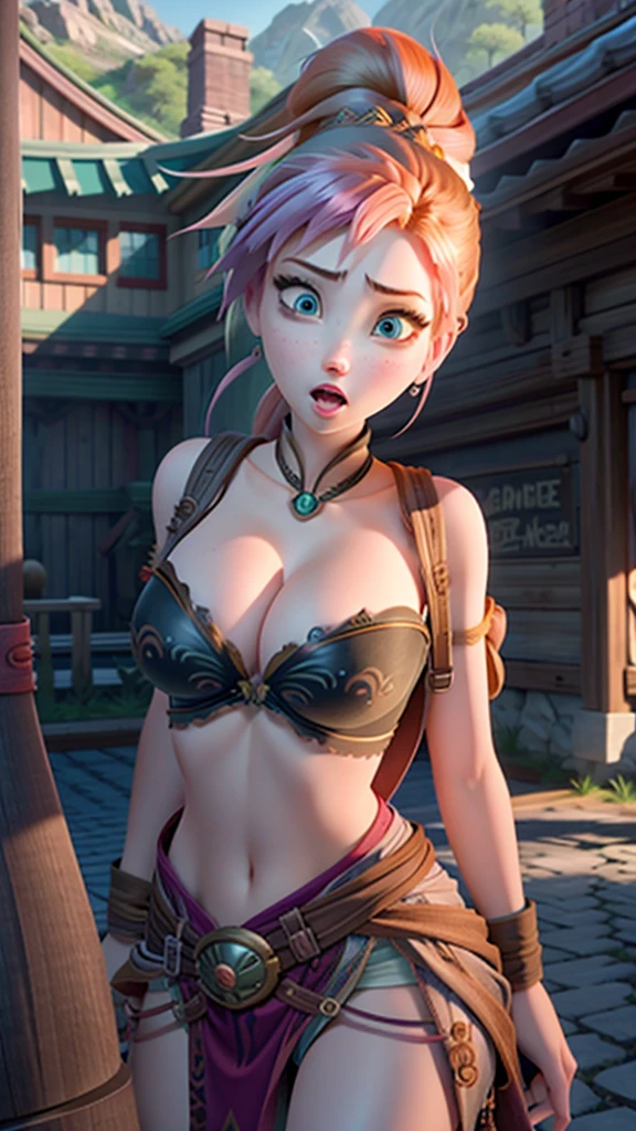 Jinx with giant breasts on display, open clothing, expression pleasure, huge boobies, heavy and sagging breasts, excitada