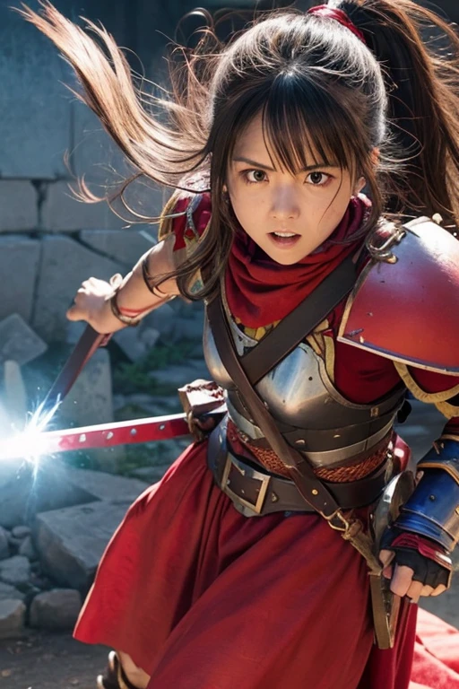 Dragon Quest、Woman warrior、Wearing broken and tattered red armor、Injured、Remaining HP: 1、Shield is destroyed、Coming under attack、触手Coming under attack、Slashed with a sword、Hands tied、Being restrained、I'will be defeated、Can't avoid attacks、鞭Coming under attack、Crucified、Executed、Real、Large damage、shield、sword、alone、Get down on one knee、Struck by hellfire、Final blow、Armor and armor、sexy