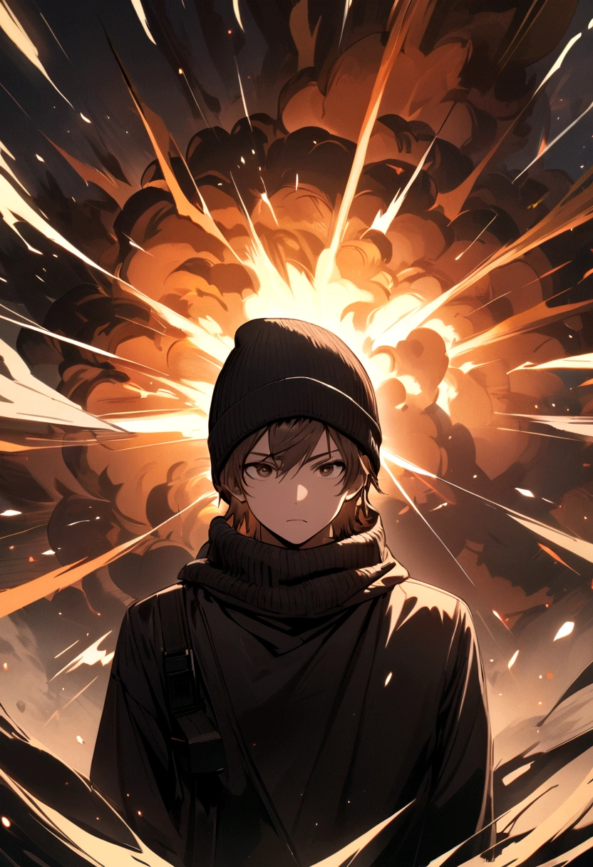 boy in the center black clothes medium long brown hair wearing a black beanie hat with an explosion of all over the image
