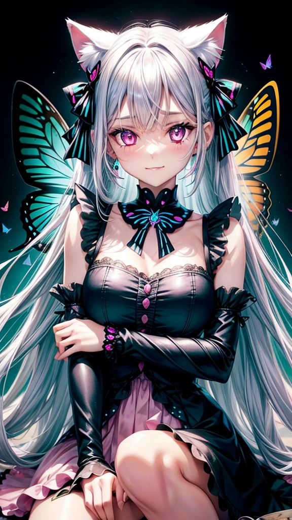 Silver hair, pink eyes, body, cat ears, woman, earrings, butterfly background, teal clothes, butterfly hair bows, happy face