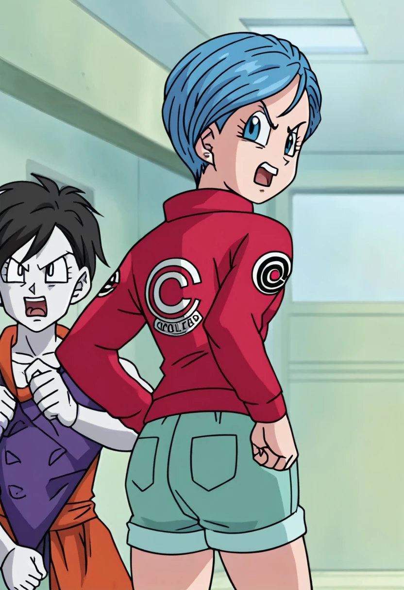 source_anime, score_9, score_8_up, score_7_up, anime screencap,8k, absurd res,
bulma, 1girl, solo, angry face, short hair, open mouth, blue eyes, blue hair, :d, completo nude, from behind, looking back at another, official style, boy with long penis,