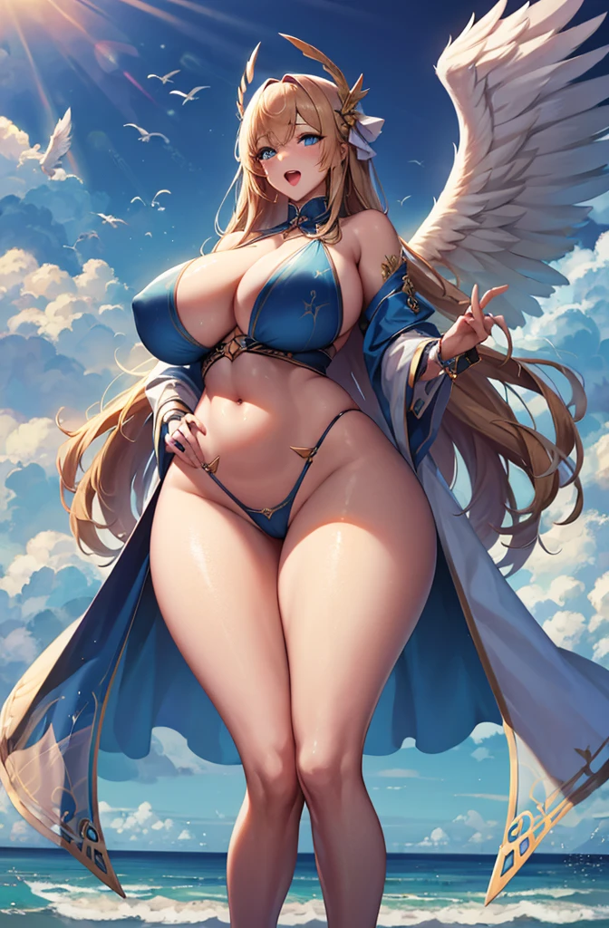 最high quality, high quality, 8K、High resolution,Highest quality、solo、胸に翼のある白いビキニ姿のtallのadult female angel、belly button、Thighs、tall、super Wide Angel, Open Mouth Smile、Thighs、Naturally Shaped Fingers、Long neck、from the front、Looking at this、belly button、Blonde hair and blue eyes、Majestic Angel, Anime Goddess, Wide Angel, thick, Beautiful and attractive anime woman, Huge and stunning goddess shots, Angel Adult Woman, adult female angel, She has angel wings on her back,Highly detailed goddess shot