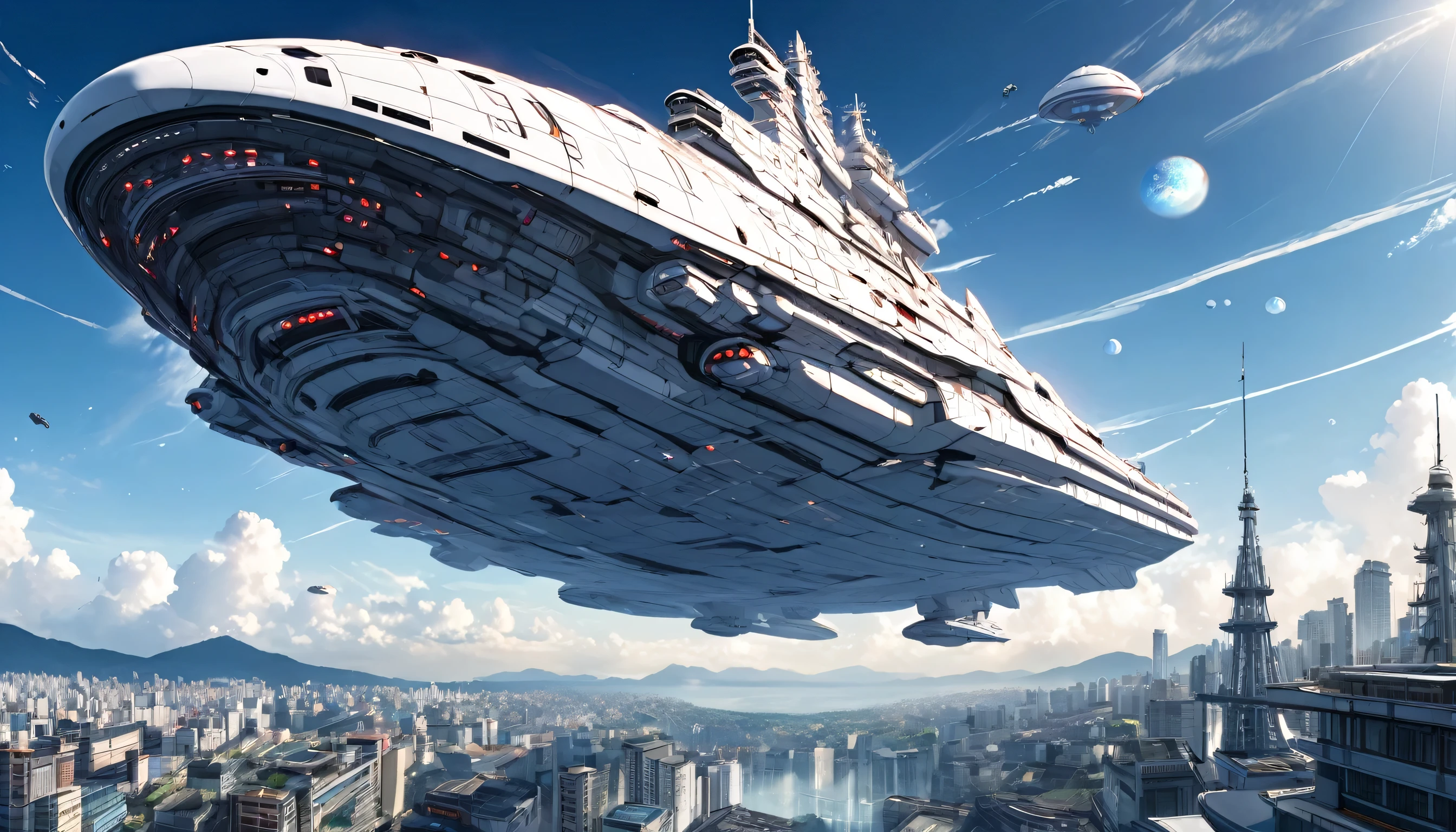 panoramic:1.2, (the biggest Space Battleship, Floating above the Hakata city surface), (a many Small UFO, floating), perfect anatomy, masterpiece, best quality, 16k, beautiful detailed grow, daydreaming expression.
