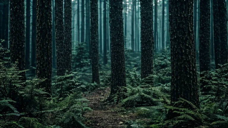 a mysterious forest full of trees and vegetation. High 8K image quality . Among the trees a mysterious dark human figure.