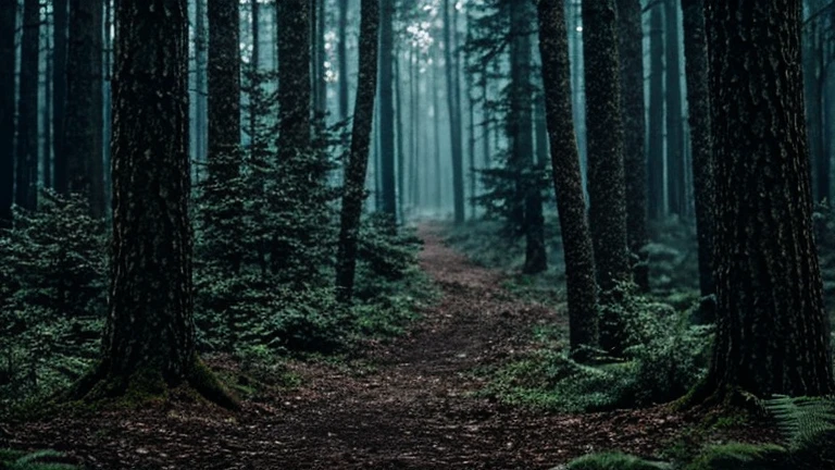 a mysterious forest full of trees and vegetation. High 8K image quality . Among the trees a mysterious dark human figure.