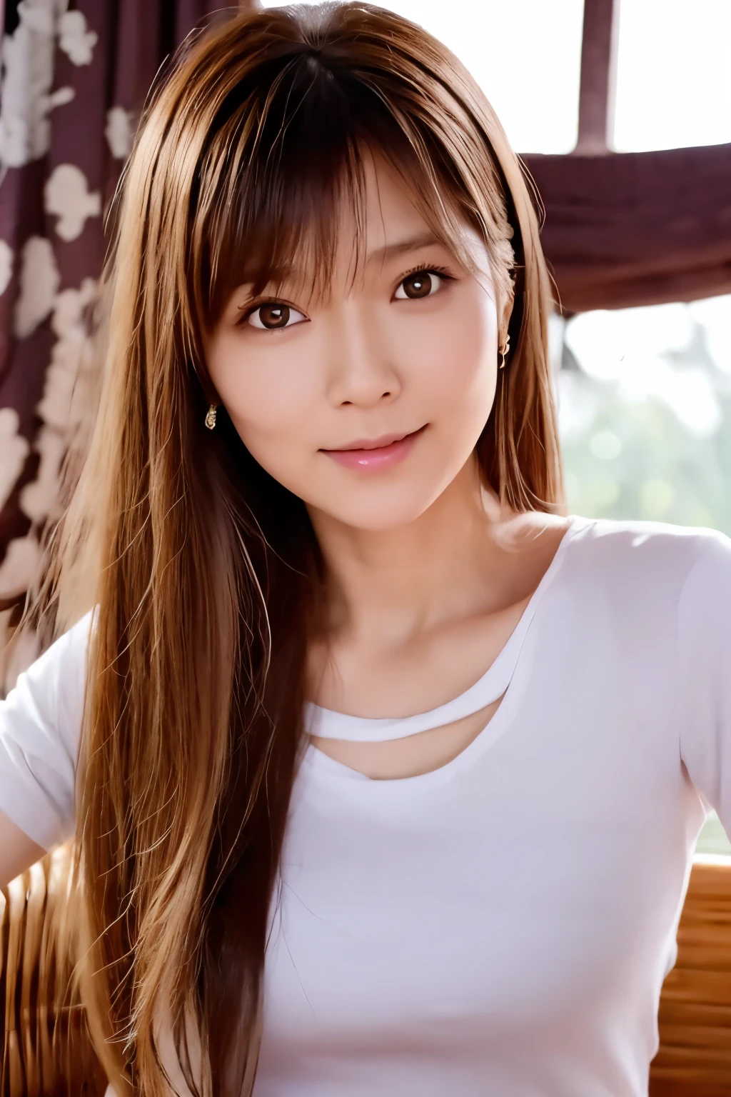 (8k, RAW photos, top quality, masterpiece: 1.2), ultra detailed, super resolution, (real photos: 1.37), portraits, high definition RAW color photos, professional photos, official art, highly detailed CG Unity 8k wallpapers, beautiful Japanese woman, {30|40} years old, highly detailed faces, Highly detailed eyes, highly detailed skin, Highly detailed nose, Highly detailed mouth, Perfect anatomy, Highly detailed background, Highly detailed clothing, One Girl, housewife, realistic body, white skin, radiant skin, slender body, very thin waist, handsome body, brown hair, {short|long} hair, (blunt bangs:1.2), cute face, slight smile, Realistic Face, White shirt, Earrings, Camera Gaze, Cowboy Shot, Standing Figure, Dynamic Lighting,