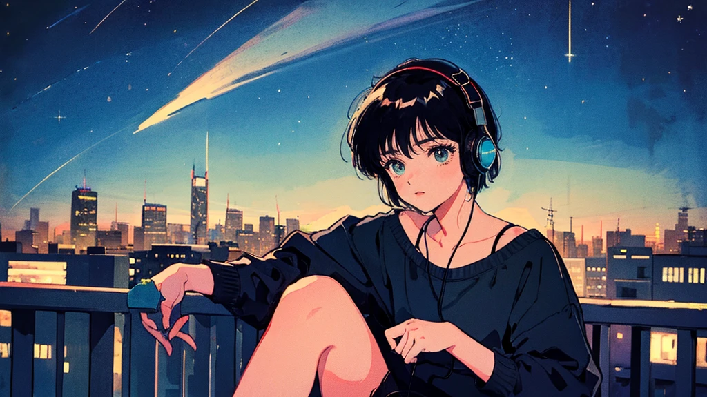 Black short Hair, Black Clothing, One Adult Woman Looking Sideways ,Blue headphones、 City of night, Delicate background、Masterpiece、Night Town、night、dark、Nostalgic、Starry Sky