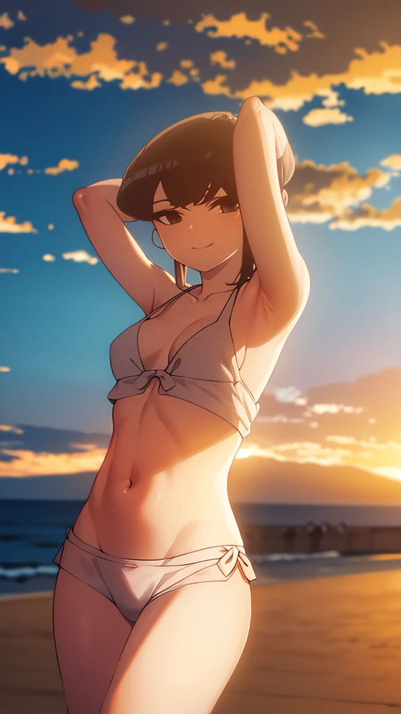 True Face stand alone sunset from the front straight Belly button low length Cowboy Shot Place your arms behind your head smile
