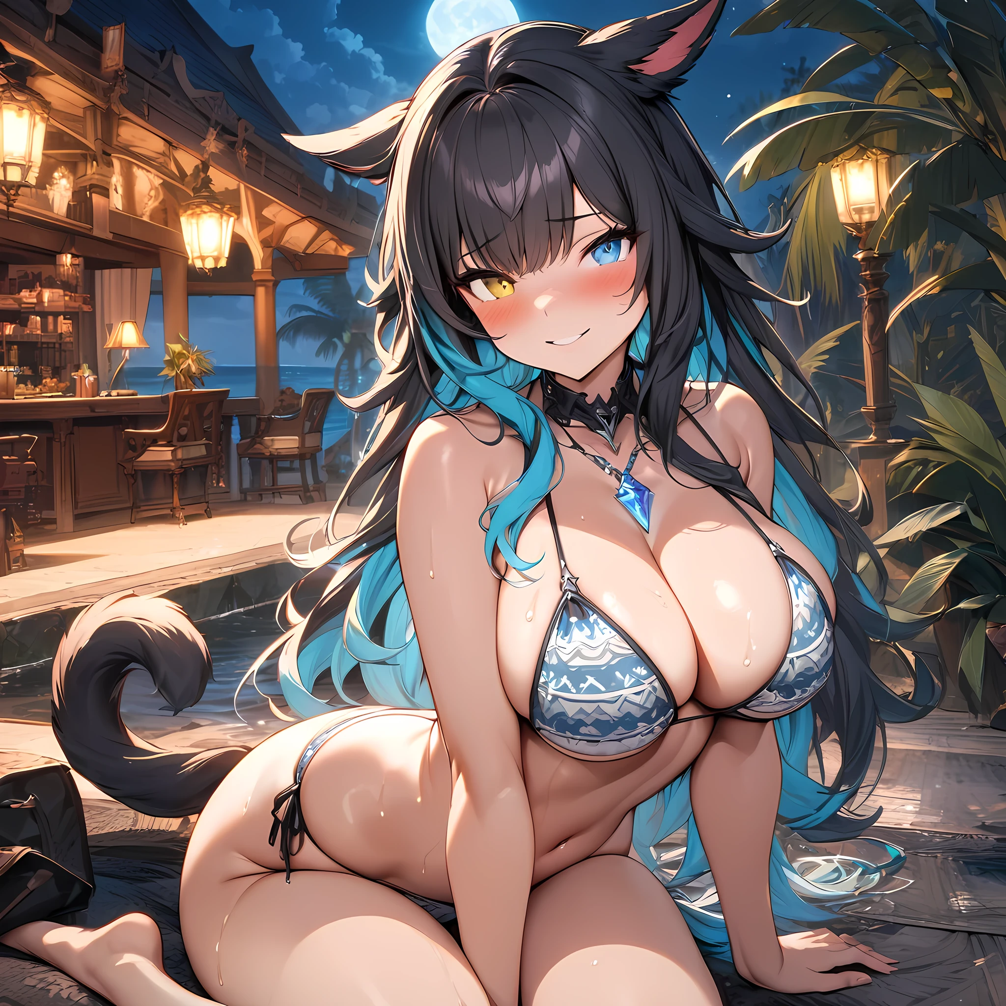 (masterpiece), best quality, expressive eyes, perfect face,1girl,final fantasy xiv,miqo'te,cat tail,(heterochormia,yellow eye,blue eye:1.1),naughty smile,blush,patterned string bikini,crystal pendant,sitting,looking at viewer,yokozuwari,big breasts,(multicolored hair,black hair,turquiose hair:1.3),long straight hair,[[tropical beach,night,full moon,starry sky]],cowboy shot,standing,sexy pose,seductive smile,wet