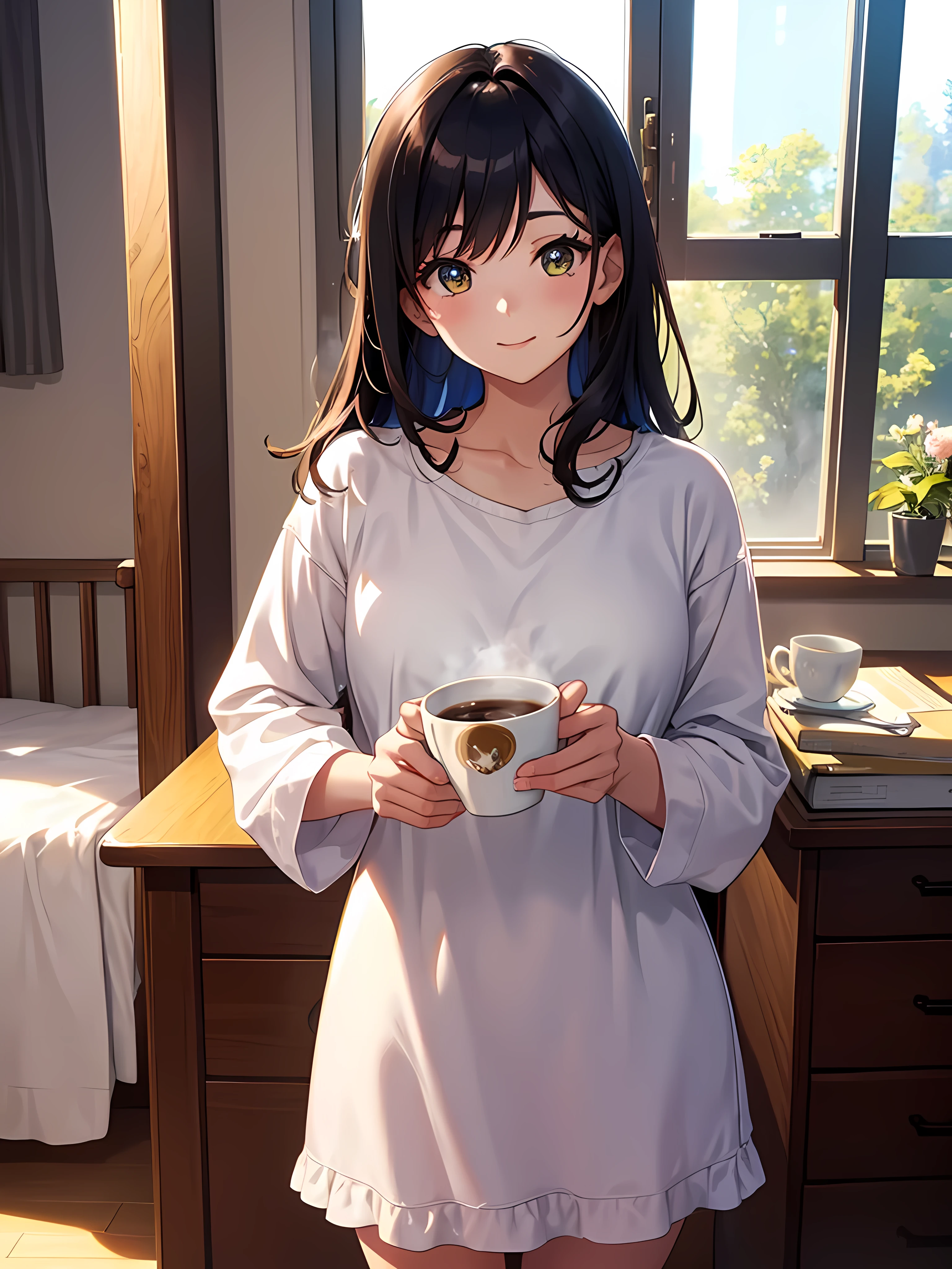 beautiful young woman, anime style, detailed face, bright morning light, cheerful expression, casual morning attire, soft bed hair, standing by a window with sunlight streaming in, vibrant and warm colors, cozy bedroom background, holding a cup of coffee or tea, morning vibes, highly detailed, 8k resolution, cinematic lighting, best quality, vibrant colors, Instagrammable, aesthetic, trendy