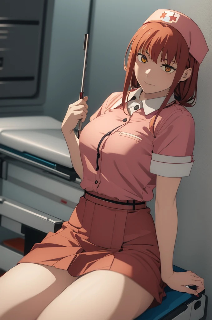 Makima wearing a nurse outfit on a hospital stretcher lifting her skirt and not wearing