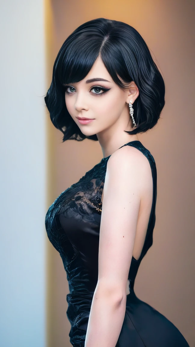 (masterpiece, best quality:1.2),bellissima, realistic, xcharleston style, 1girl, short hair, black hair, 1boy, dress, jewelry, earrings, blunt bangs, black dress, makeup, formal, suit, realistic