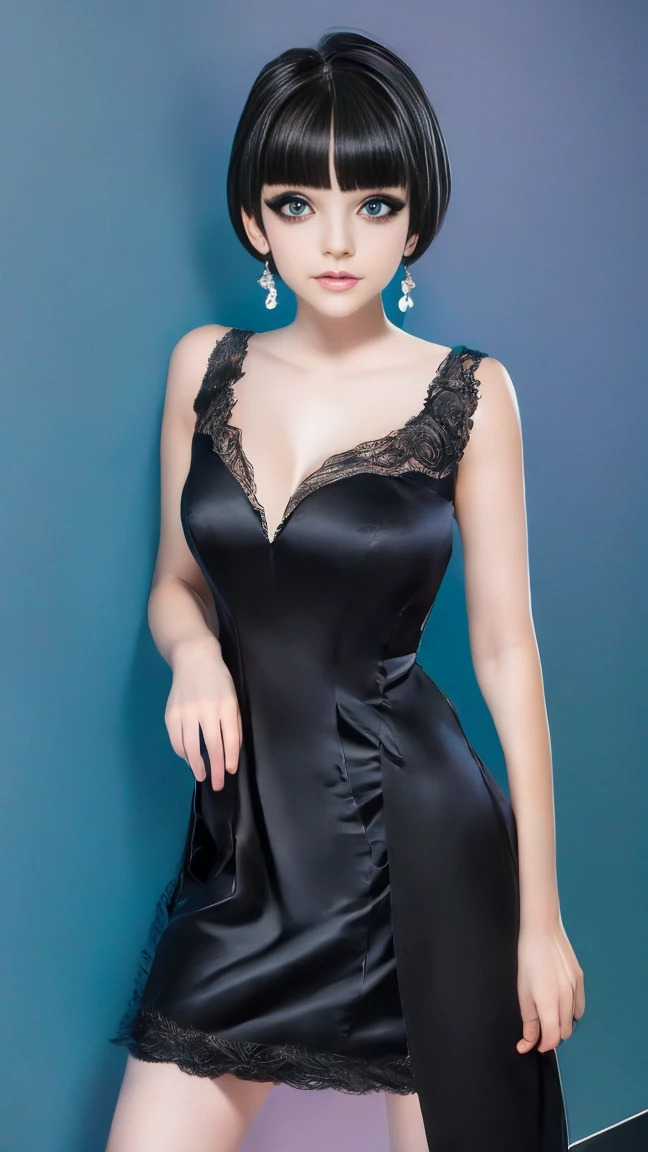 (masterpiece, best quality:1.2),bellissima, realistic, xcharleston style, 1girl, short hair, black hair, 1boy, dress, jewelry, earrings, blunt bangs, black dress, makeup, formal, suit, realistic