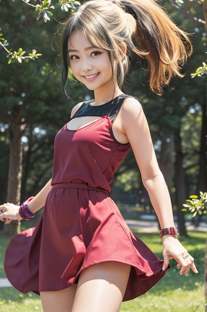(8K、Raw photography、Highest quality、masterpiece:1.2),(Black Hair、Dark Eyes:1.9),(:1.6)、View your viewers,Front view,White skin,(ponytail:1.3)、(Tight waist:1.6)、(Clothes that accentuate the shape of the breasts:1.0)、(Big Breasts :1.3)、Slim figure、Ultra-high resolution,beautiful,beautiful fece,(One person、No background:1.9),whole bodyボディー,Japanese women,(reality的:1.37)、Photon Mapping,reality、(Baby-faced and cute: 1.4)、(Cute Smile: 1.8)、(Round face: 1.8)、Radio City、Physically Based Rendering、Depth of field rally background、photograph, (I can see your knees、Thigh close-up:1.8),(:1.6),whole body、Great quality
