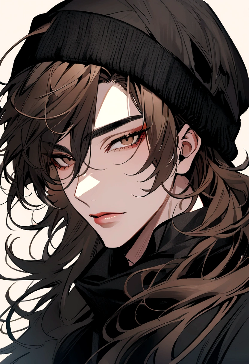 portrait extremely attractive guy looking with seductive face at the viewer in the center black clothes medium long brown hair wearing a black beanie hat