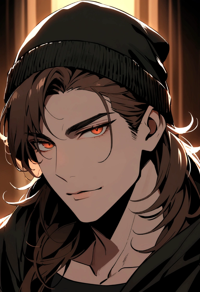 portrait extremely attractive guy looking with seductive face at the viewer in the center black clothes medium long brown hair wearing a black beanie hat