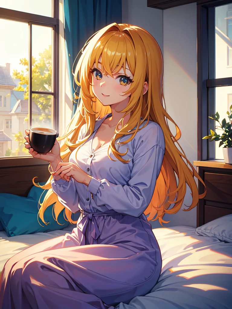 Beautiful young woman, Anime Style, Detailed face, Bright morning light, Bright expression, Casual morning outfit, Soft sleeping habits, Stand by a window where sunlight is streaming in, Vivid and warm colors, Cozy bedroom background, Holding a cup of coffee or tea, Morning atmosphere, Very detailed, 8K resolution, Cinema Lighting, Highest quality, Vibrant colors, Instagrammable, beautiful, trend