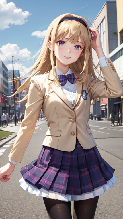 masterpiece, best quality, nishijounanami, hairband, bowtie, yellow blazer, plaid skirt, pantyhose, cowboy shot, smile, hands at hips, outdoors, clouds, sky, street 