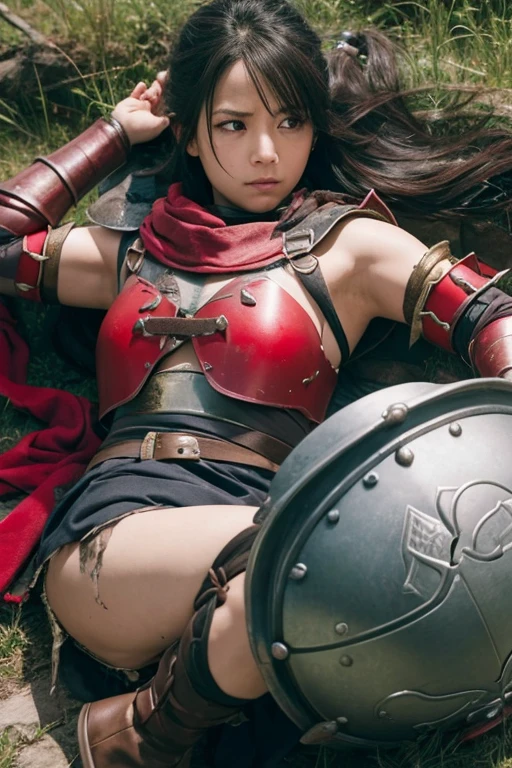 Dragon Quest、Woman warrior、Wearing broken and tattered red armor、Injured、Remaining HP: 1、Shield is destroyed、Coming under attack、触手Coming under attack、Slashed with a sword、Hands tied、Being restrained、I'will be defeated、Can't avoid attacks、鞭Coming under attack、Crucified、Executed、Real、Large damage、Attacked by monsters、shield、sword、alone、Get down on one knee