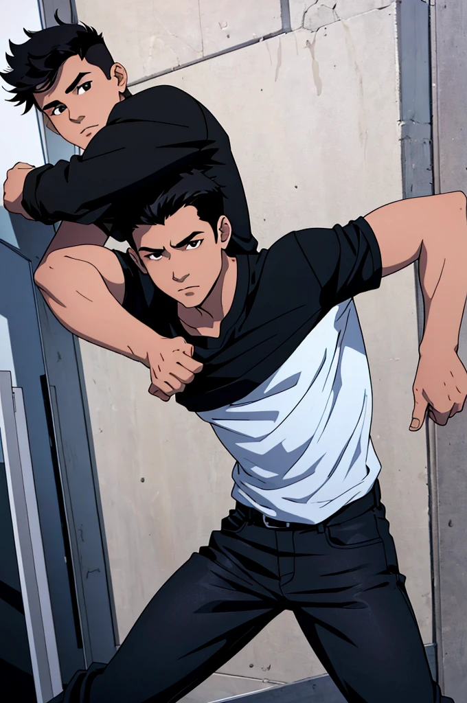 A -yeld boith black hair, black eyes and fair skin, wearing a black shirt and dark blue pants