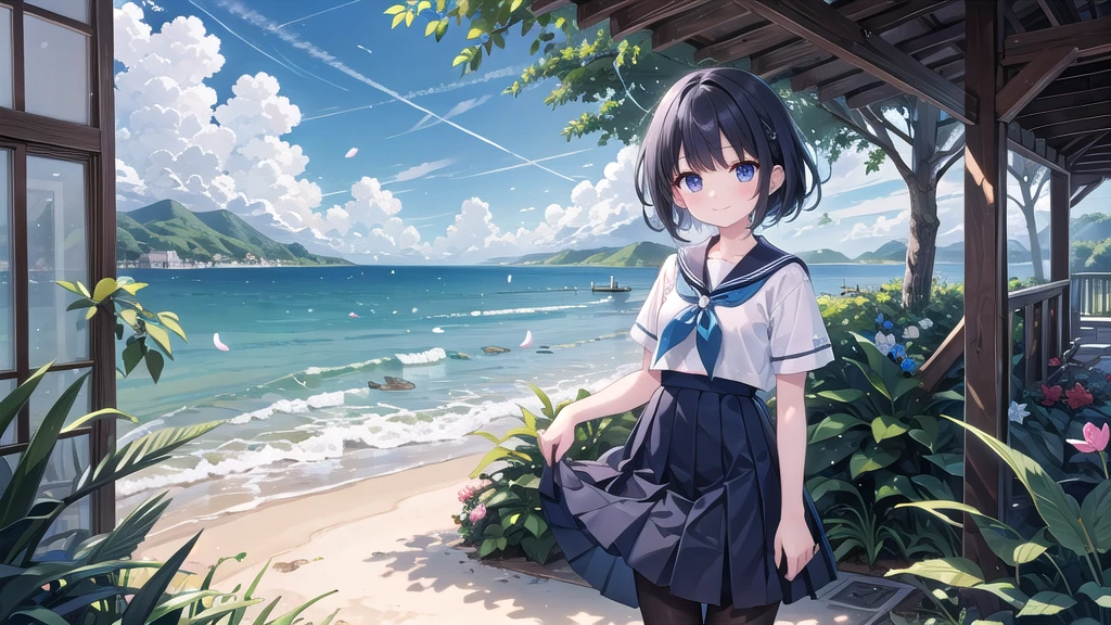 (masterpiece),  The sea seen from the town,  blue sky, summer, A girl in the distance,  smile,  alone,  Sailor suit、Long skirt,  Overgrown,  petal,  plant、Skirt lining、Translucent slip、nostalgic、Black Pantyhose