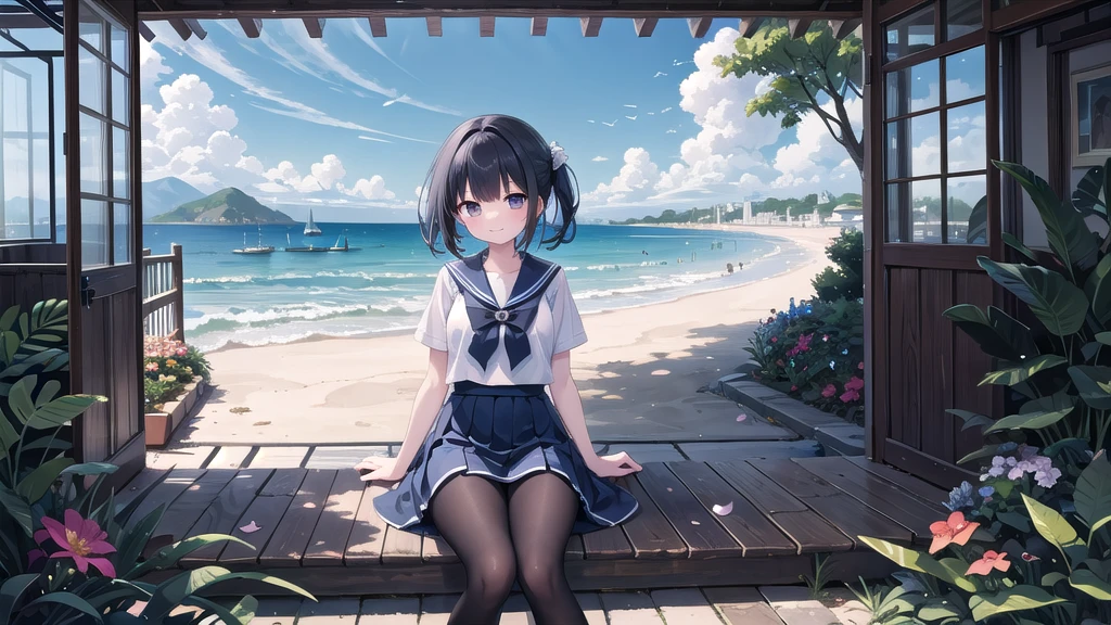 (masterpiece), The sea seen from the town, blue sky, summer, A girl in the distance, smile, alone, Sailor suit、Long skirt, Overgrown, petal, plant、Skirt lining、Translucent slip、nostalgic、Black Pantyhose