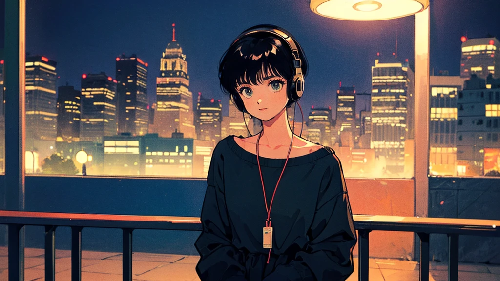 Black short Hair, Black Clothing, One Adult Woman Looking Sideways ,Blue headphones、 City of night, Delicate background、Masterpiece、Night Town、night、dark、Nostalgic、