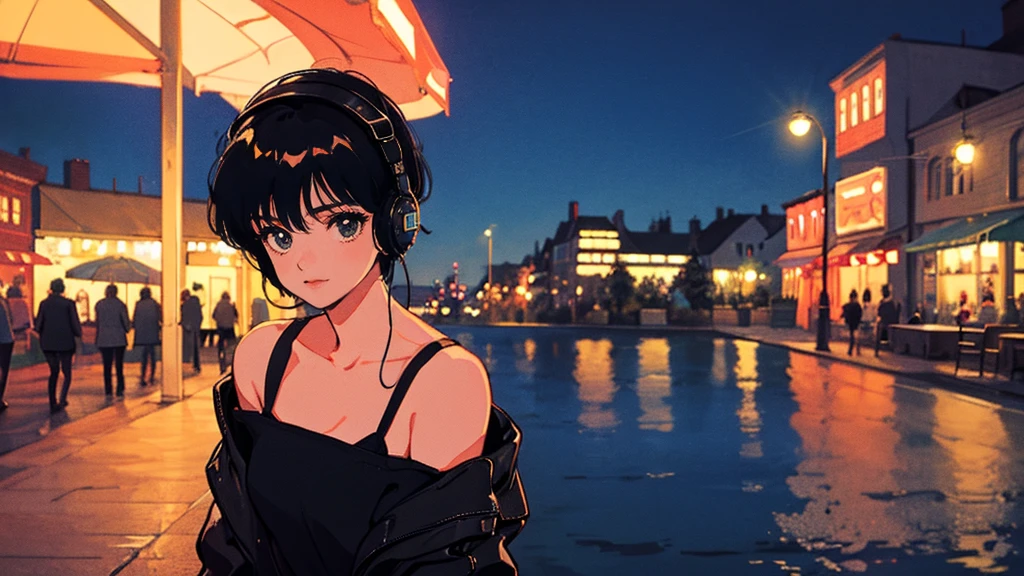 Black short Hair, Black Clothing, One Adult Woman Looking Sideways ,Blue headphones、 City of night, Delicate background、Masterpiece、Night Town、night、dark、Nostalgic、