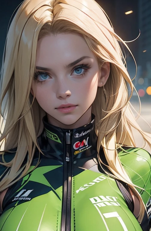a detailed masterpiece portrait of a beautiful blonde woman with green eyes wearing a racing suit, extremely detailed face and figure, long hair, photorealistic, professional lighting, vibrant colors, cinematic composition, big breast, sensual Perfect body