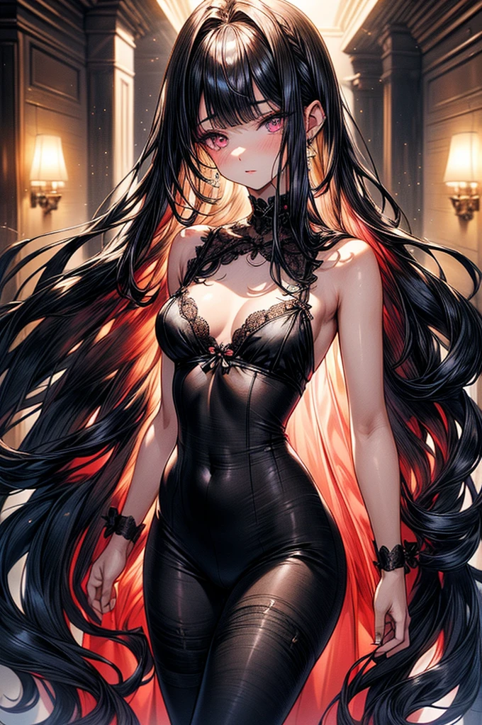 ((highest quality)),(ultra high resolution),(Super detailed),(detailed description),((best CG)),(best work of art),super precision art, great drawing art,(Art with precise details:1.5), (1 woman:1.5), beautiful and well-shaped face:1.5,(Beautiful skin with precise and detailed depiction:1.6),(Very precisely depicted black sheer Pyjama nightdress:1.5),provocative angle:1.6,gorgeous, beautiful young age girl, 13 yghtly tanned white skin, loose and flowing silky thigh-length negligee sleepwear, short shoulder length hair, sleek dark violet-black hair, short Pixie cut hairstyle, big round velvet colored eyes, fringe bangs over forehead, oval shaped face, sharp facial features, high-bridged nose, full cherry pink lips. medium height(172cm). D-cup breasts, small narrow waist. small delicate curvy hips, smooth silky thick thighs, large round ass, hourglass figure, slim yet plump thick build, standing upright, full body picture, hip-level shot. classy and opulent bedroom setting