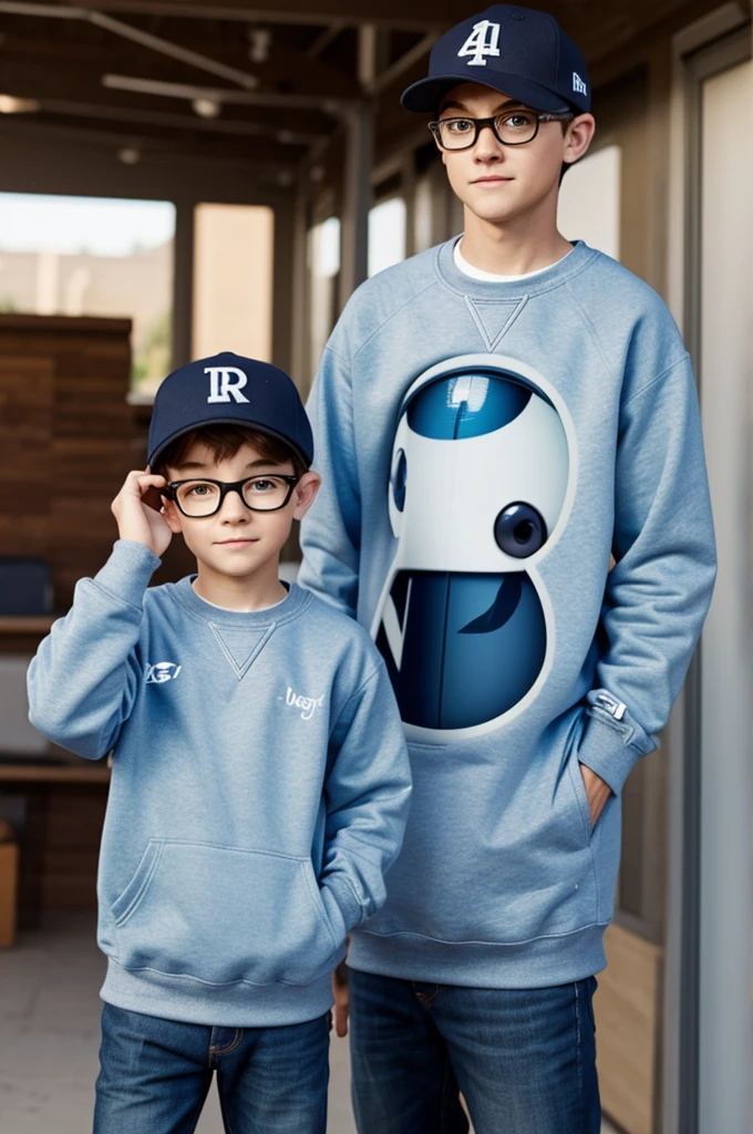 Make a boy with a backwards cap and glasses with a Pixar-style sweatshirt