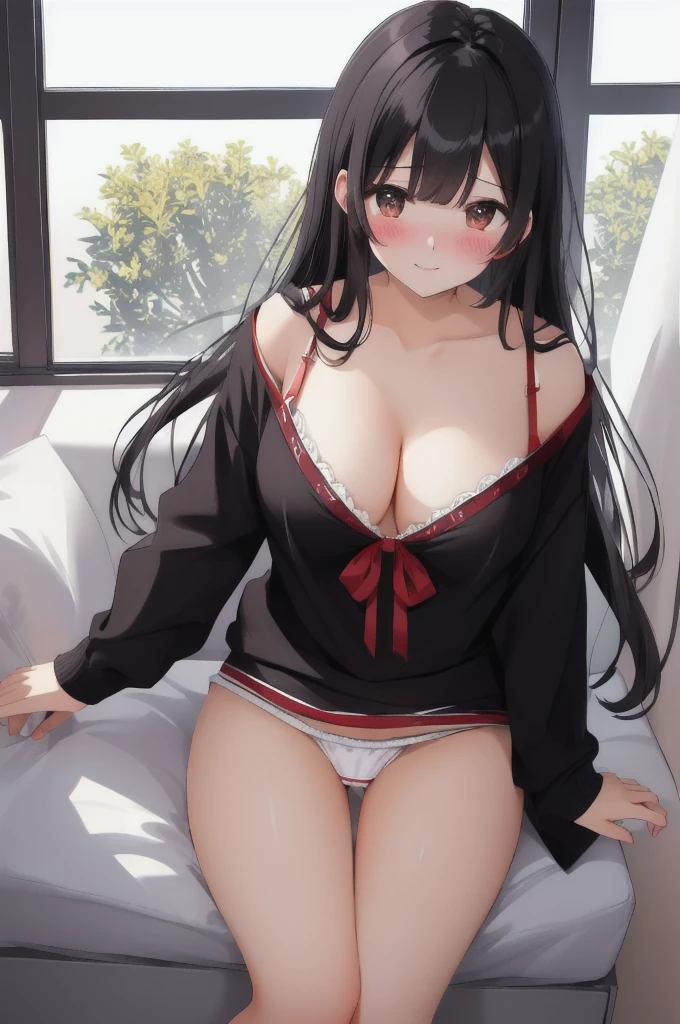 Black Hair、Red ribbon、Take off your panties、Blushing、Embarrassed、living、
