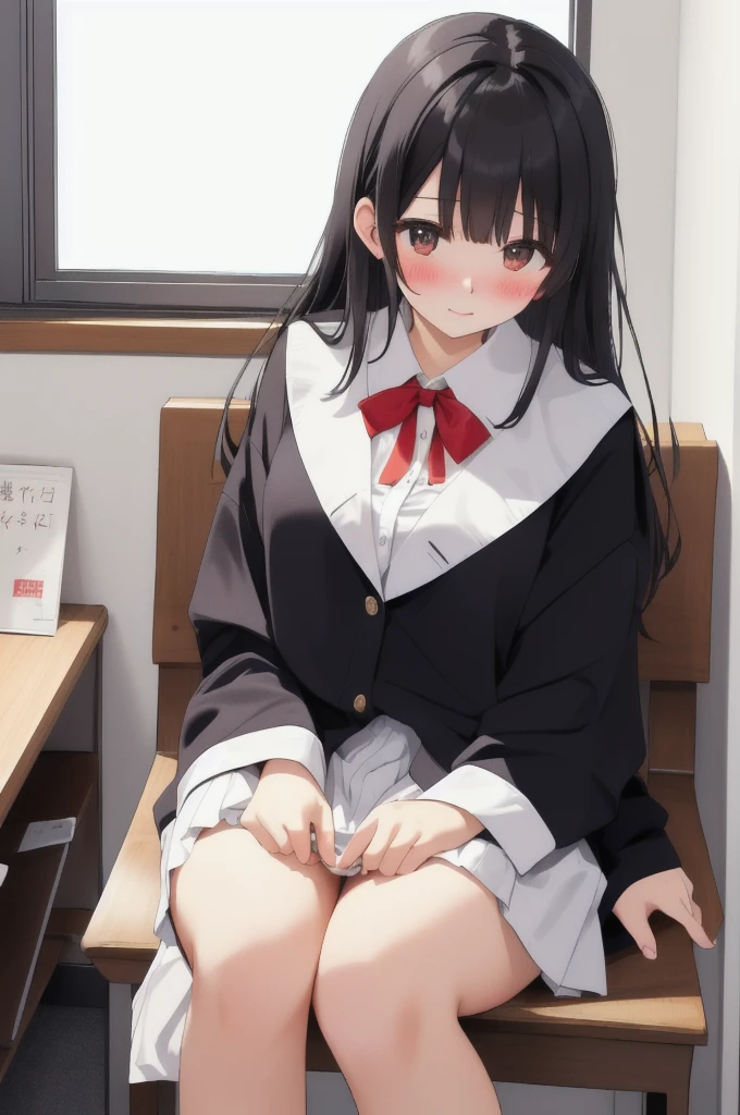 Black Hair、Red ribbon、Take off your panties、Blushing、Embarrassed、living、
