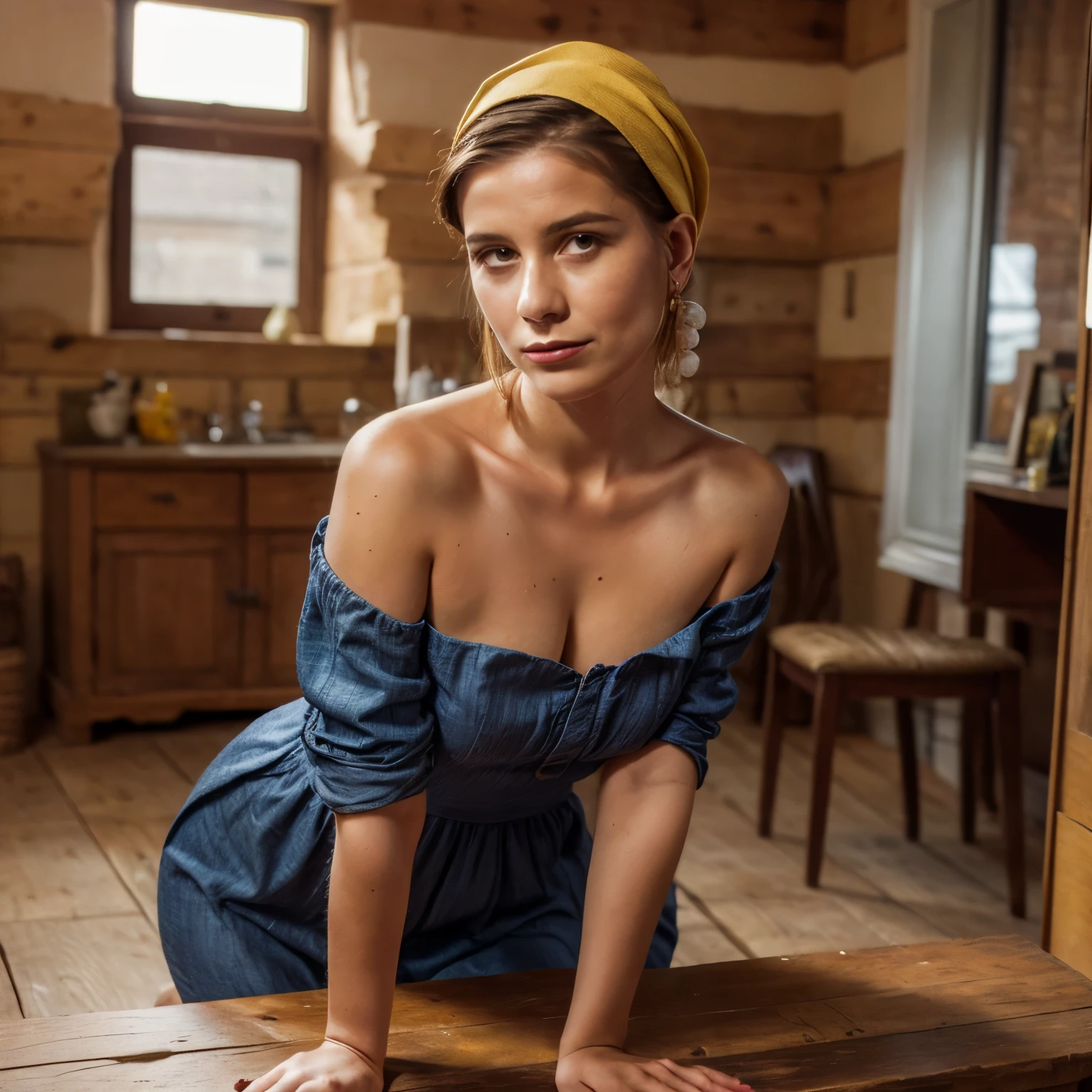 1woman LaGermania posing as the woman in the painting Girl with a Pearl Earring with the same dress/clothes/design in an atelier of the painter Vermeer in 17th-century Delft. LaGermania stands in a simple 17th-century Dutch painter’s atelier, with wooden beams on the ceiling and a tiled floor. The atelier is lit by soft, diffused light streaming through a small, leaded glass window. She wears a dark blue turban intricately wrapped around her head, with a golden yellow scarf cascading over her shoulder, made of rich silk with fine, shimmering threads. Her outfit includes a modest, dark brown dress with a delicate white collar and cuffs, crafted from soft, high-quality fabric. The pearl earring, a single large, lustrous gem, dangles from her ear, reflecting the soft light. The background features the painting Girl with a Pearl Earring, showing a young girl with a pearl earring, her head turned slightly over her shoulder. The room is sparsely furnished with a wooden easel, a rough-hewn wooden table strewn with paint supplies, and a few mismatched chairs. LaGermania’s pose is turned slightly over her shoulder, with her gaze directed towards the painter, capturing the enigmatic allure and subtle grace of the original portrait.