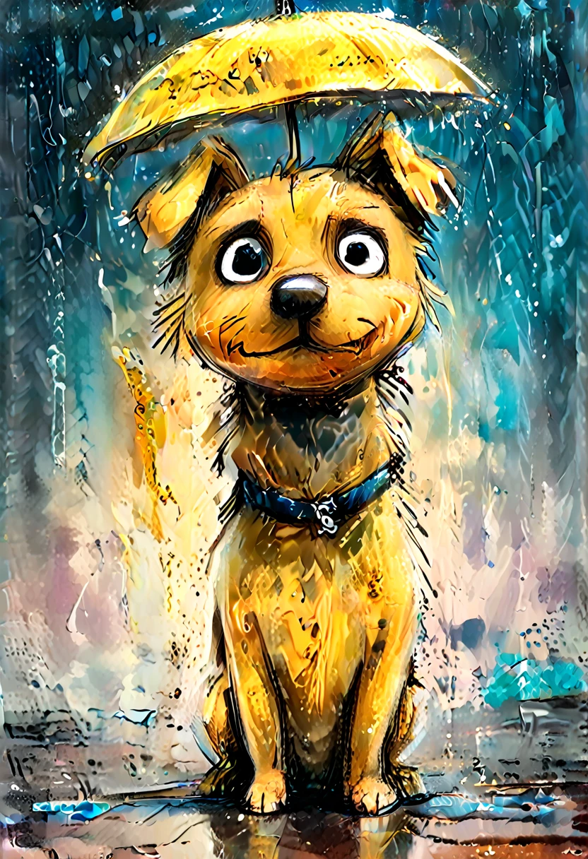 striking colorful painting of a cute drawing of a  in the rain holding a yellow rain charda, Next to you on the floor is your little dog, highy detailed,  8K,   Spitz,  proffesional, clearing,   hight contrast, crystal clearing
