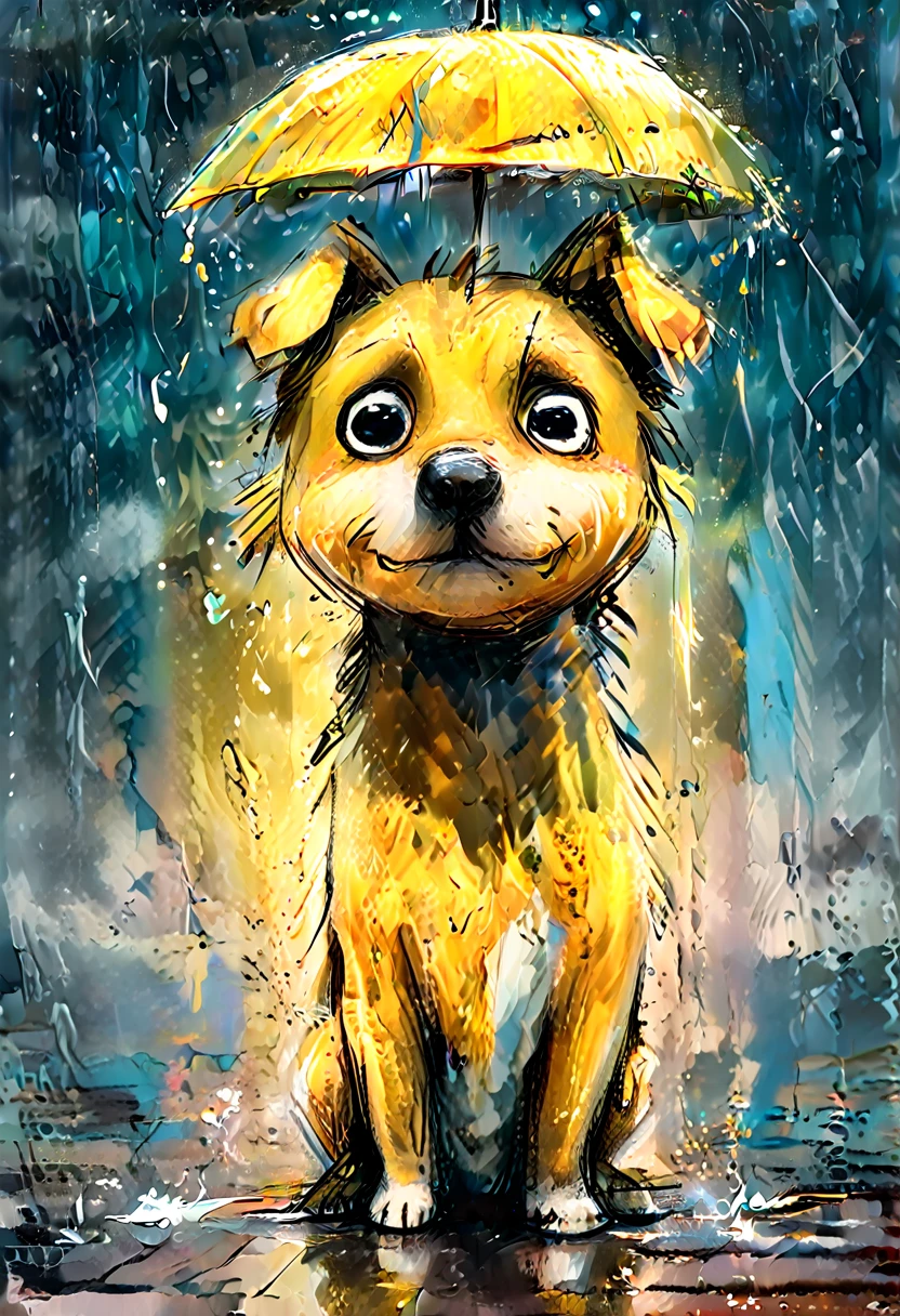striking colorful painting of a cute drawing of a in the rain holding a yellow rain charda, Next to you on the floor is your little dog, highy detailed, 8K, Spitz, proffesional, clearing, hight contrast, crystal clearing