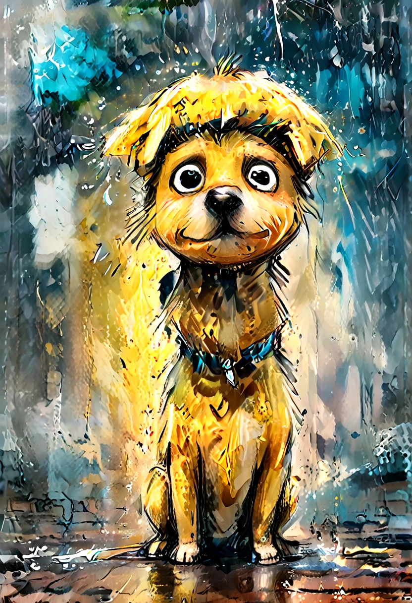 striking colorful painting of a cute drawing of a  in the rain holding a yellow rain charda, Next to you on the floor is your little dog, highy detailed,  8K,   Spitz,  proffesional, clearing,   hight contrast, crystal clearing