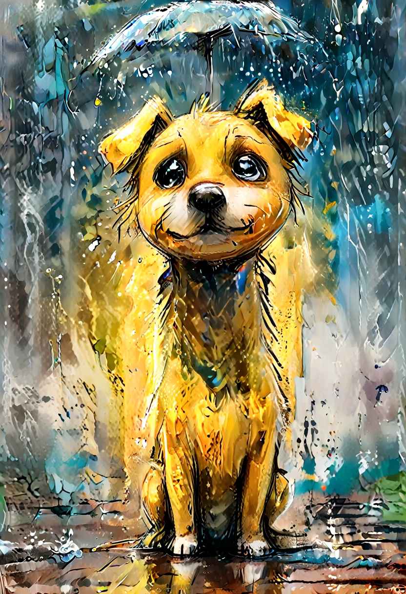 striking colorful painting of a cute drawing of a  in the rain holding a yellow rain charda, Next to you on the floor is your little dog, highy detailed,  8K,   Spitz,  proffesional, clearing,   hight contrast, crystal clearing